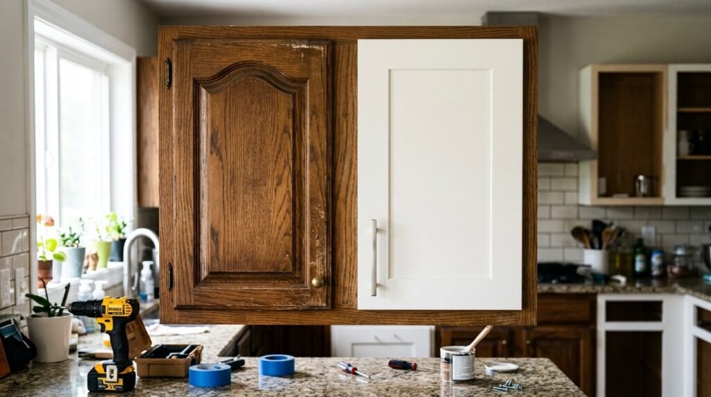 New cabinet door front installed during a refacing project, next to the original door