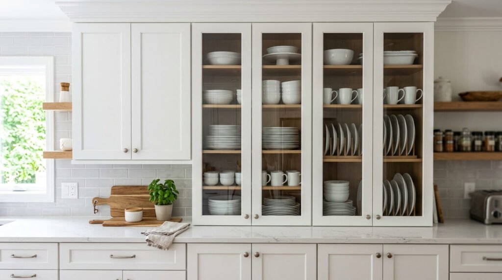 Kitchen cabinets with glass-front doors