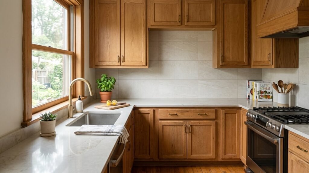 Updated tile backsplash and countertop against original wood cabinets