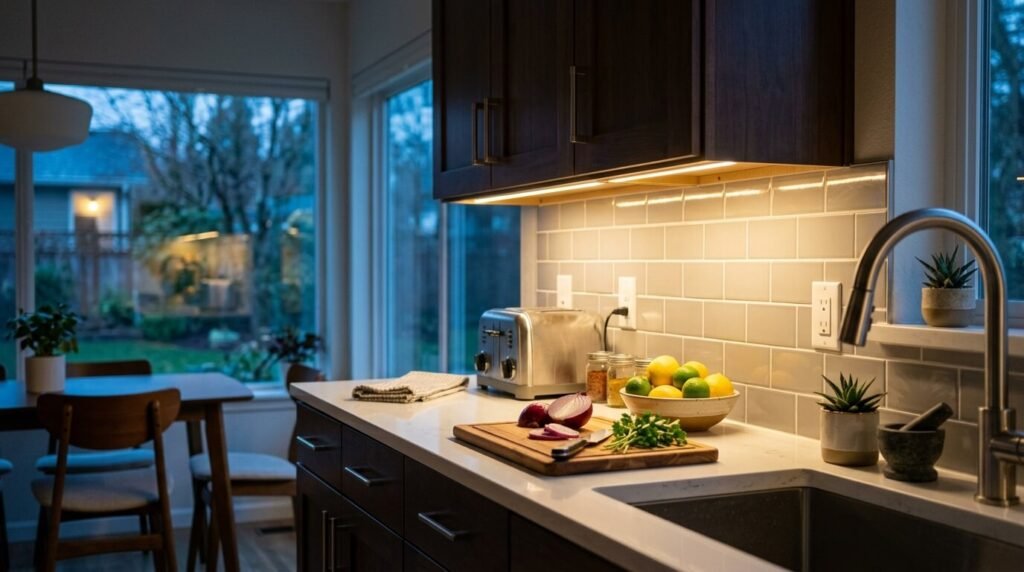 Under-cabinet LED lighting illuminating a countertop