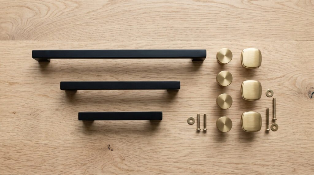 Flat lay of modern cabinet hardware options