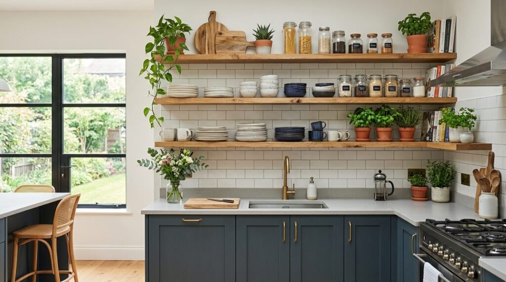 Kitchen with open wood shelving instead of upper cabinet doors
