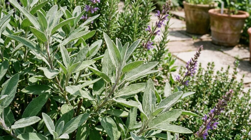 common garden sage Salvia officinalis growing in an herb garden