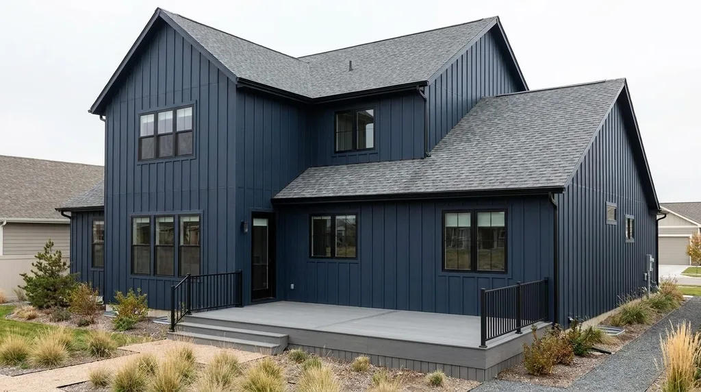 Dark Blue Siding With a Gray Deck