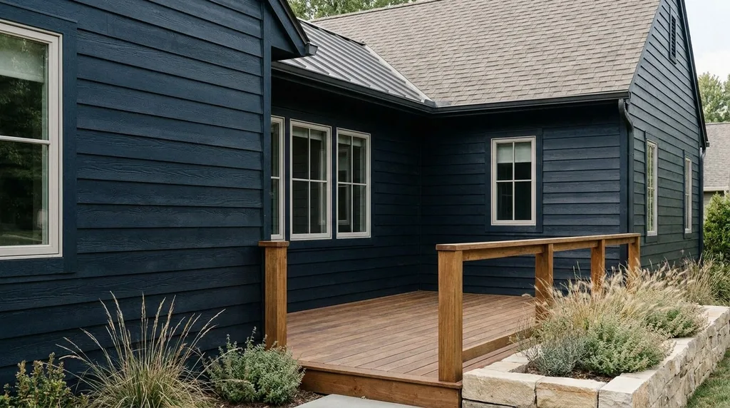 Dark Blue House With a Natural Wood Deck