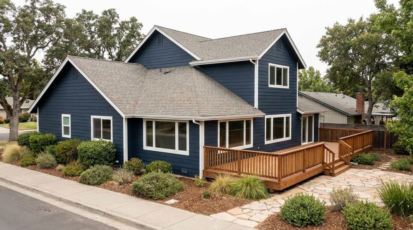 dark blue house with deck