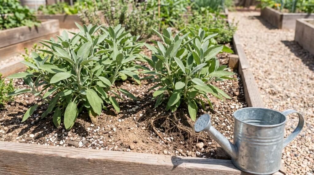 healthy sage plants growing in sunny well-drained soil
