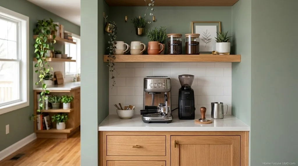 Sage green kitchen accent wall decorated with plants and herbs