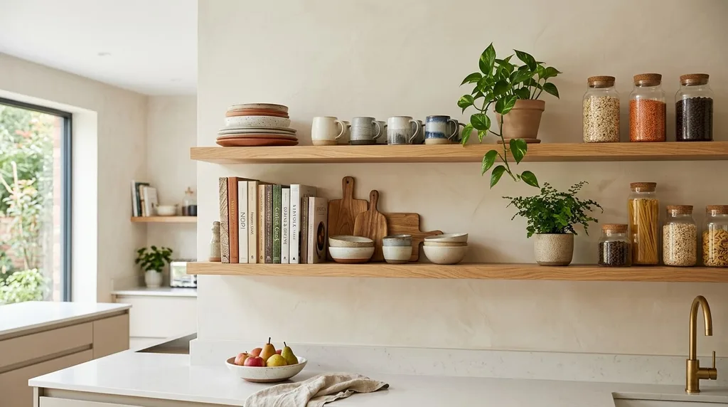 Open kitchen shelves styled with ceramics, cookbooks and plants