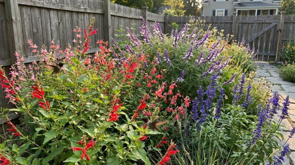 ornamental sage plants flowering in a pollinator garden
