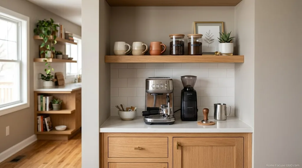 Small kitchen wall transformed into a stylish coffee station