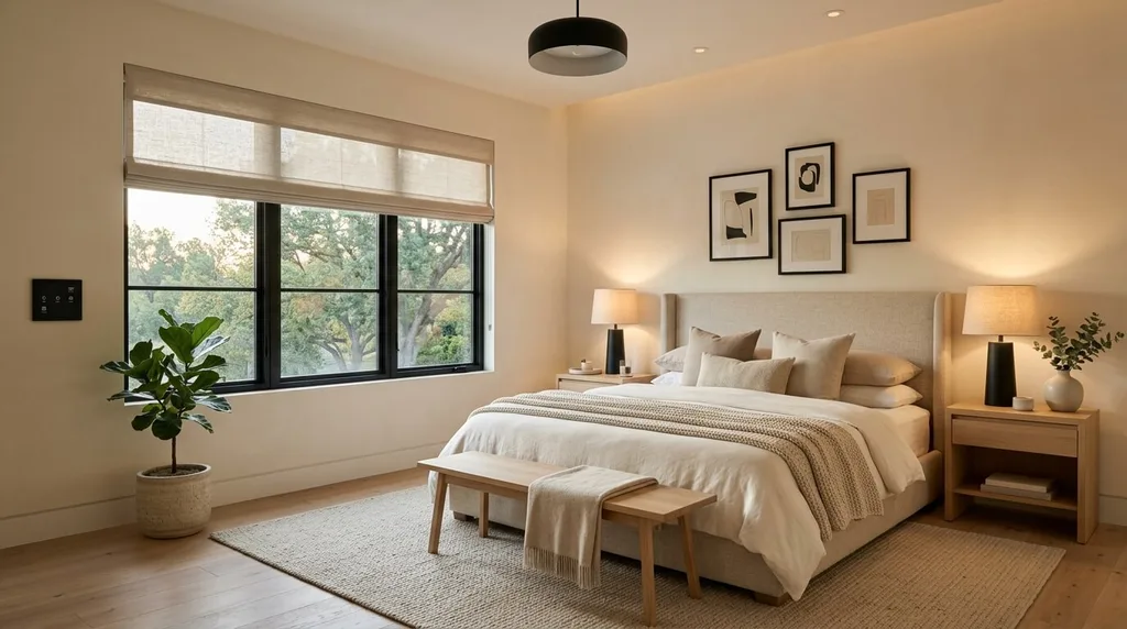 Smart bedroom with automated shades and warm lighting