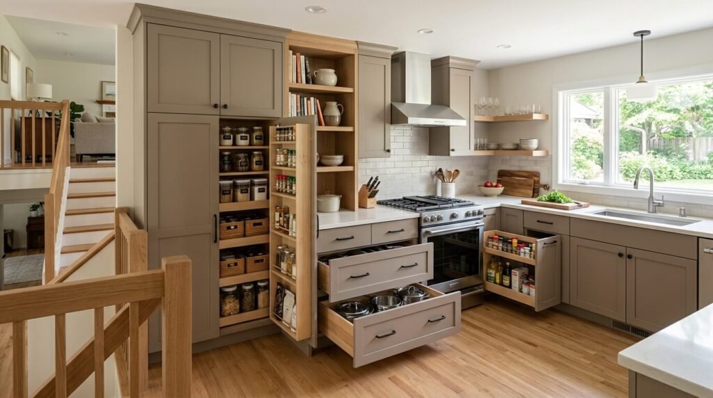 split-level kitchen focused on smart storage