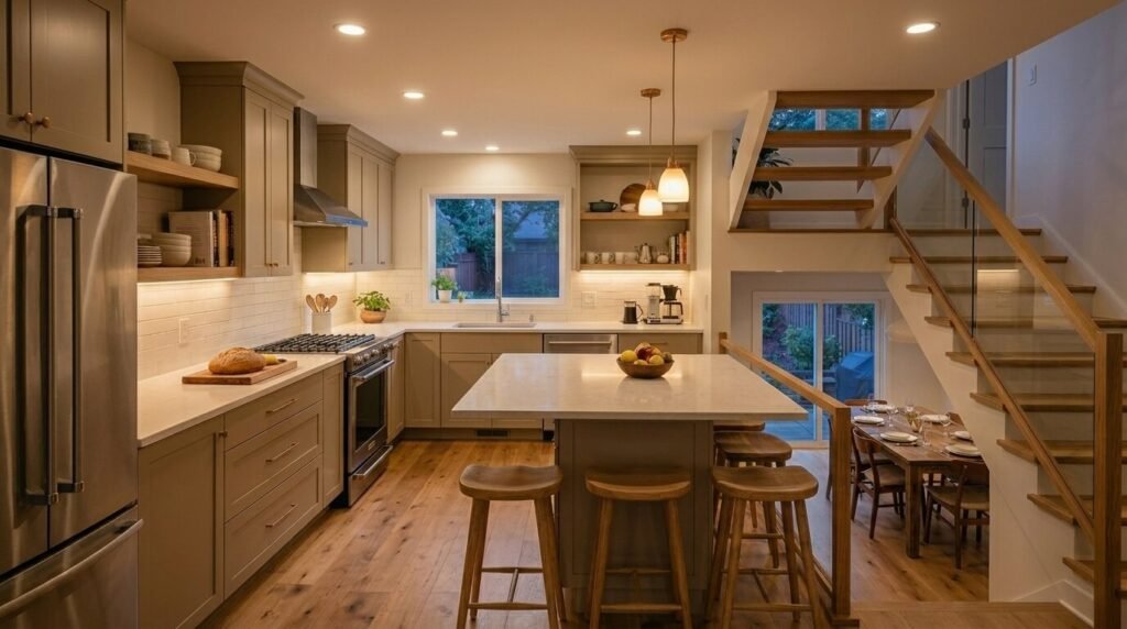 split level kitchen renovation showing layered kitchen lighting 1024x572