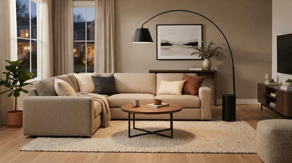 Arc floor lamp extending over a living room sofa