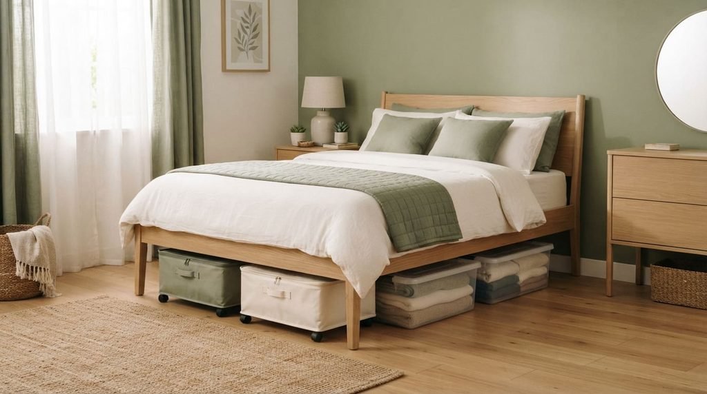Bedroom with organized under-bed storage containers