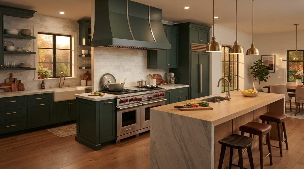 Commercial-style range in a spacious home kitchen
