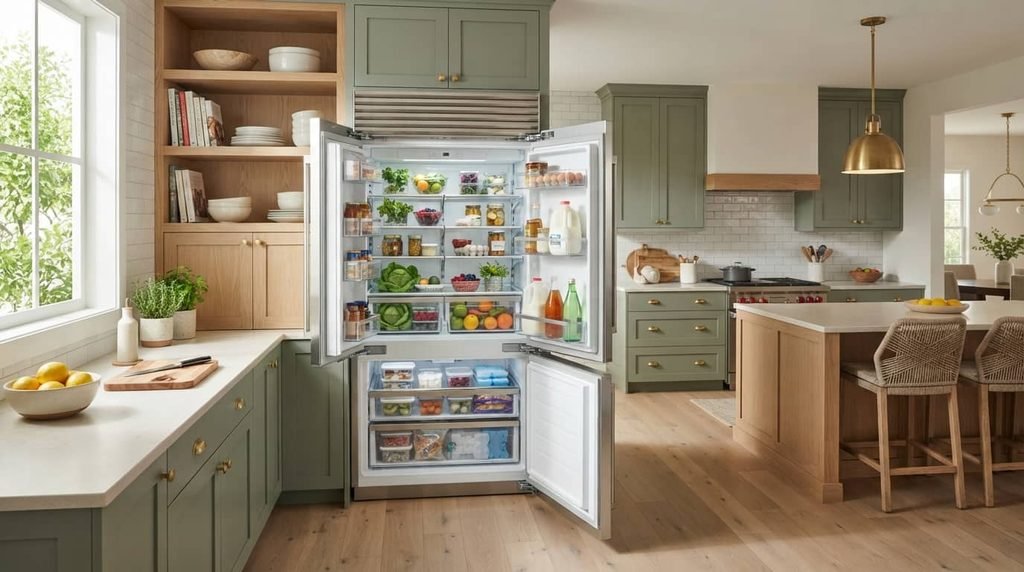 French-door refrigerator fitted between kitchen cabinets