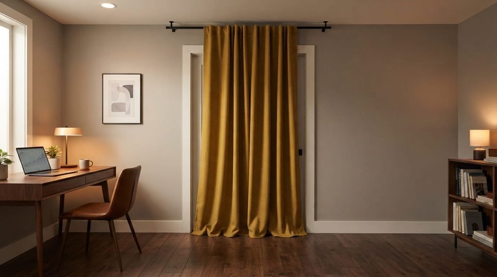 Heavy curtain covering an interior doorway for noise reduction
