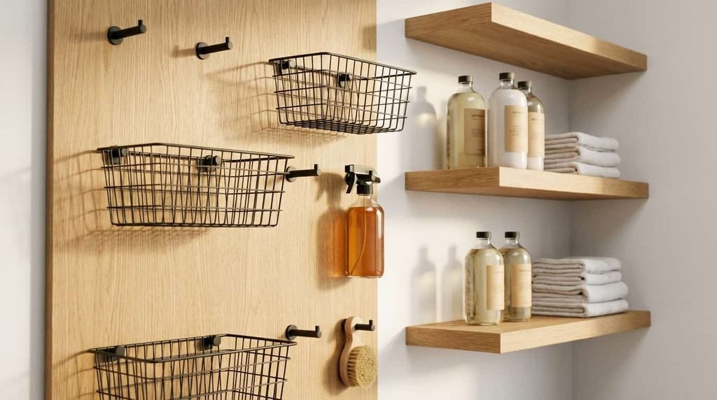 Wall-mounted pegboard and open shelves above a laundry room washer holding detergent bottles, baskets, and cleaning supplies