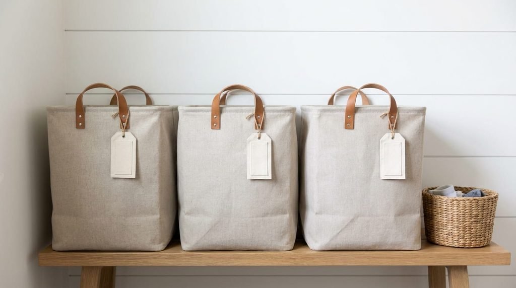 Three labeled fabric laundry sorting bins for whites, darks, and delicates on a wooden shelf in a laundry room