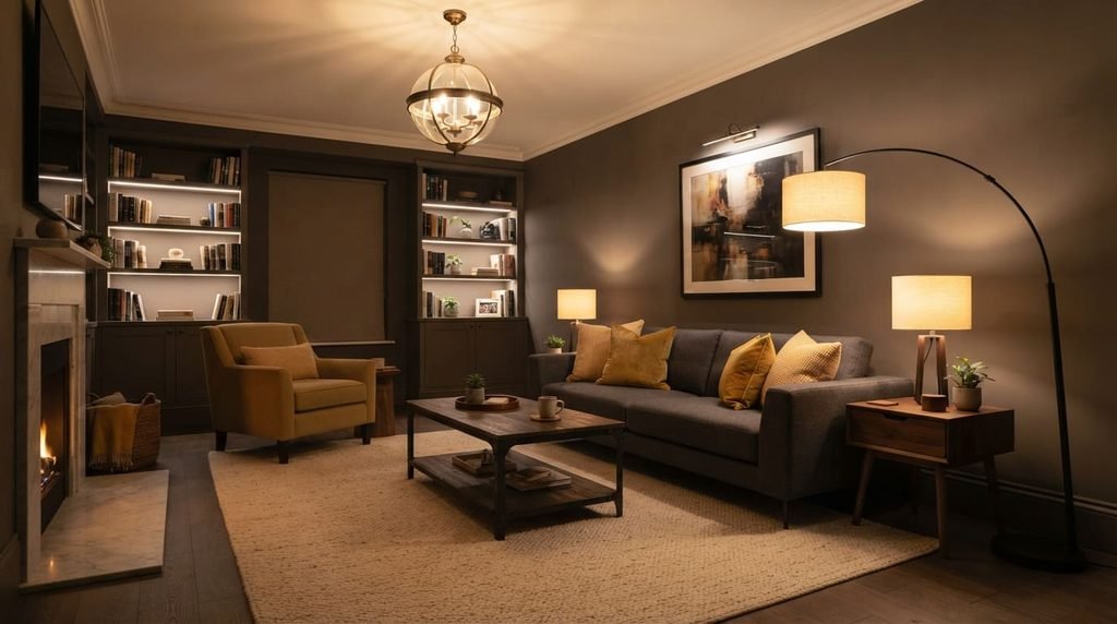Layered living room lighting with a floor lamp and table lamp