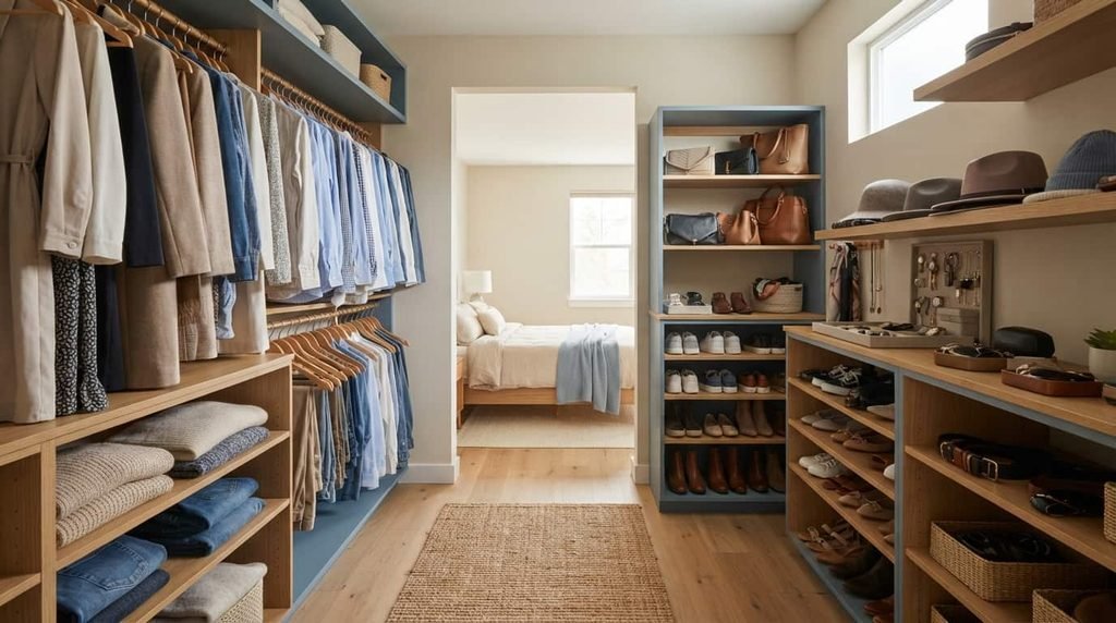 Organized bedroom closet with clothes, shoes, and accessories