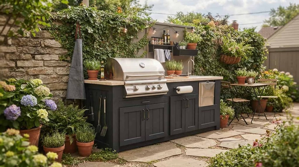 Compact outdoor grill station on a small patio