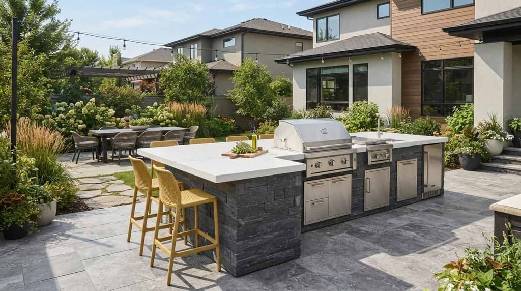 Outdoor kitchen island with bar seating and dining area