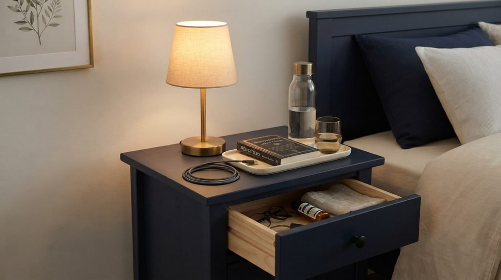 Simple organized bedroom nightstand with everyday essentials