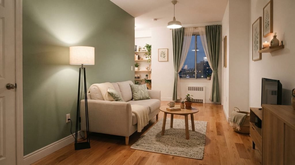 Slim floor lamp in a small green living room