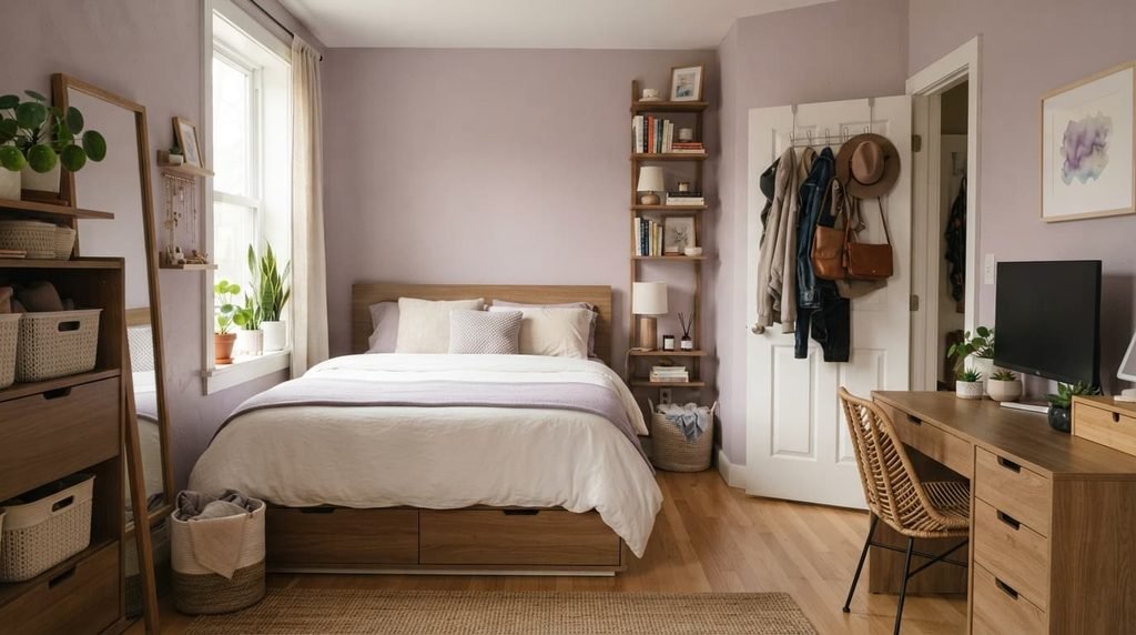 Small bedroom using vertical storage and space-saving organization
