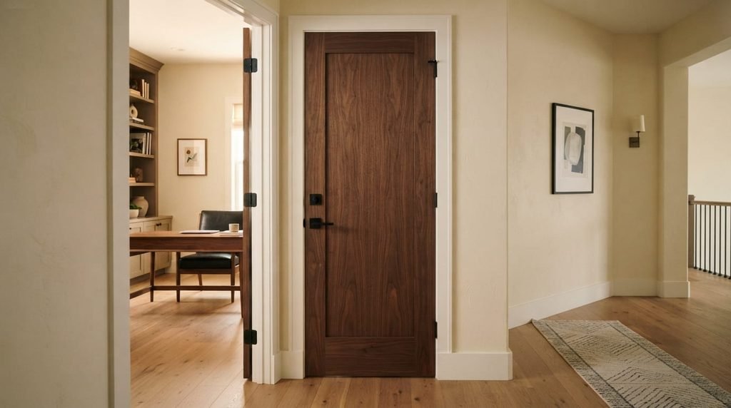 Solid-core interior door installed in a home office