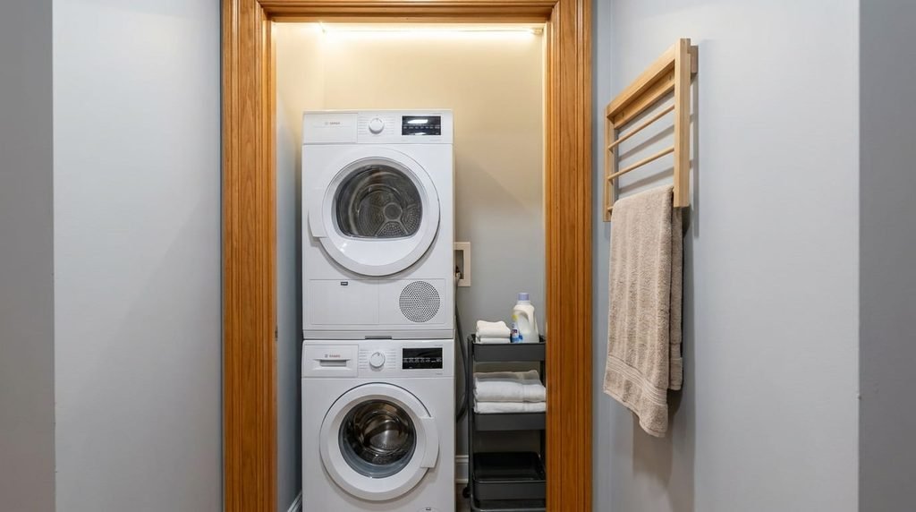 Small laundry closet with a fold-down wall-mounted drying rack and a narrow rolling storage cart beside a stacked washer and dryer