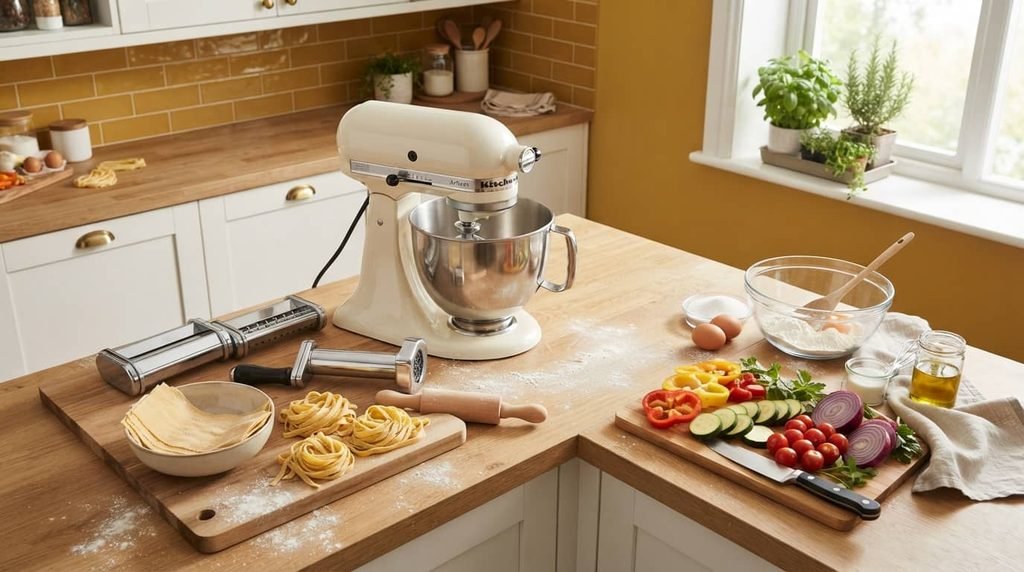Stand mixer with food preparation attachments on kitchen counter