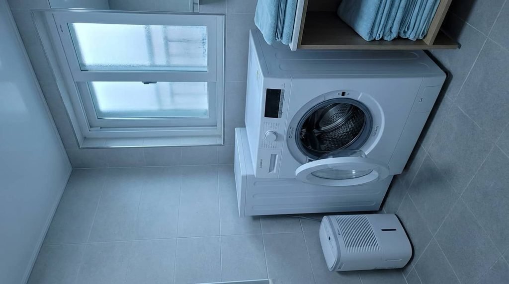 Front-loading washing machine with the door left slightly open to air out, next to a small dehumidifier in a well-lit laundry room