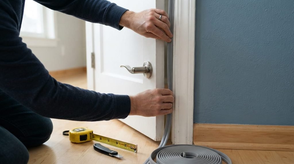Weatherstripping installed around an interior door frame