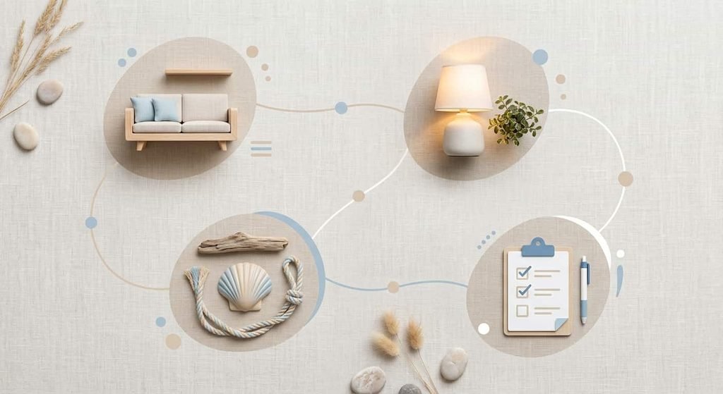 Infographic style visual answering common questions about Beachcrest Home furniture and lighting