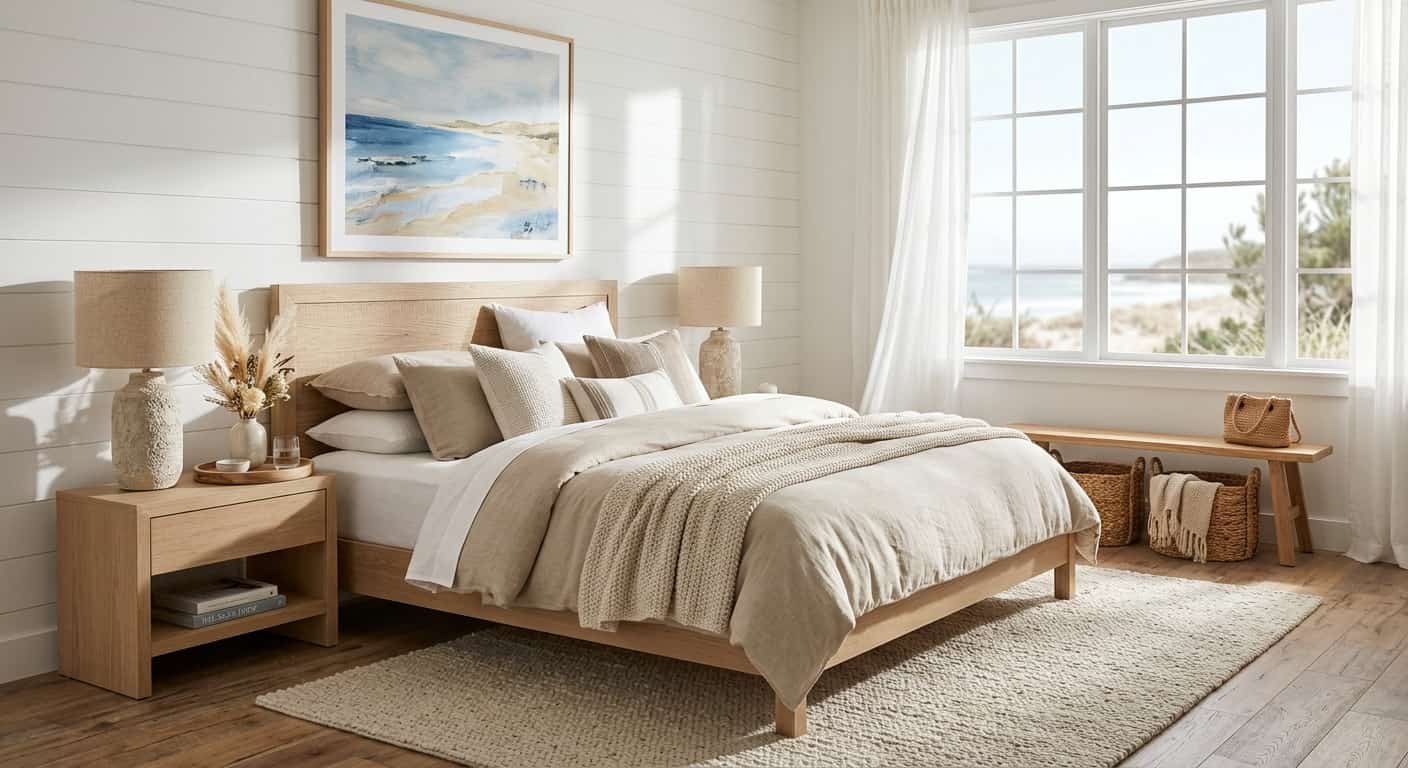 Beachcrest Home coastal-inspired bedroom with resin table lamp, natural wood furniture, and neutral decor