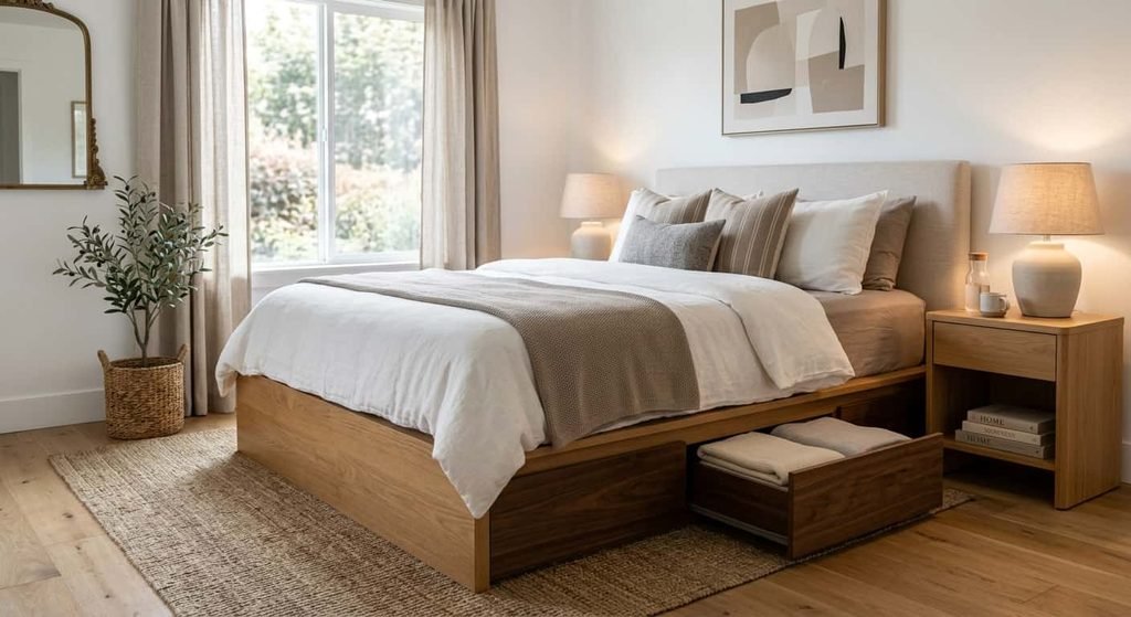 Beachcrest Home Graham platform bed with storage drawers in a neutral bedroom