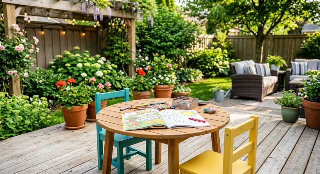 Round kids outdoor table on a backyard patio with chairs for drawing and outdoor activities