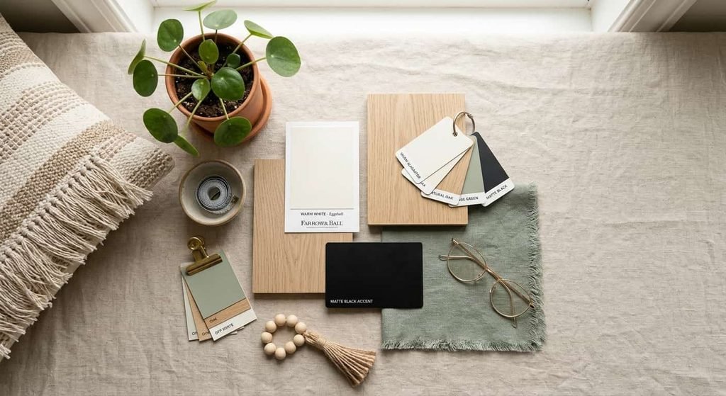Interior design color palette swatches showing warm white, natural wood, muted green, and black accents