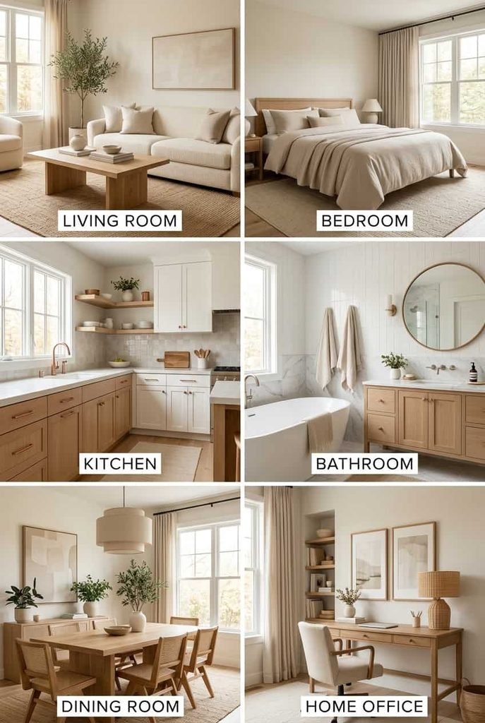 Grid collage of six rooms — living room, bedroom, kitchen, bathroom, dining room, home office — showing interior design principles