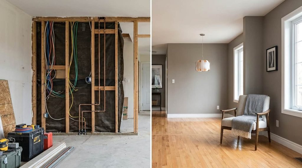 Home renovation showing structural work prioritized before decorative finishes