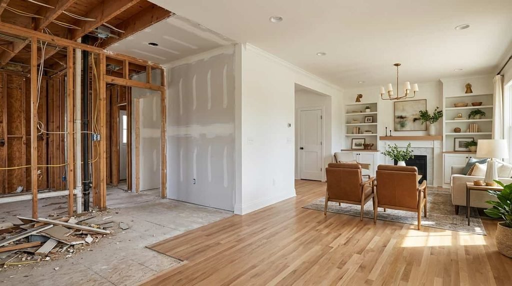 Four-phase home renovation sequence from demolition to finished decor