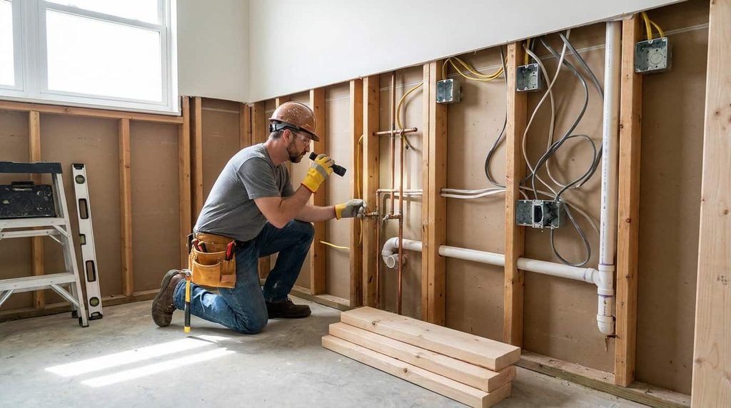 Bathroom renovation showing electrical and plumbing rough-in before drywall