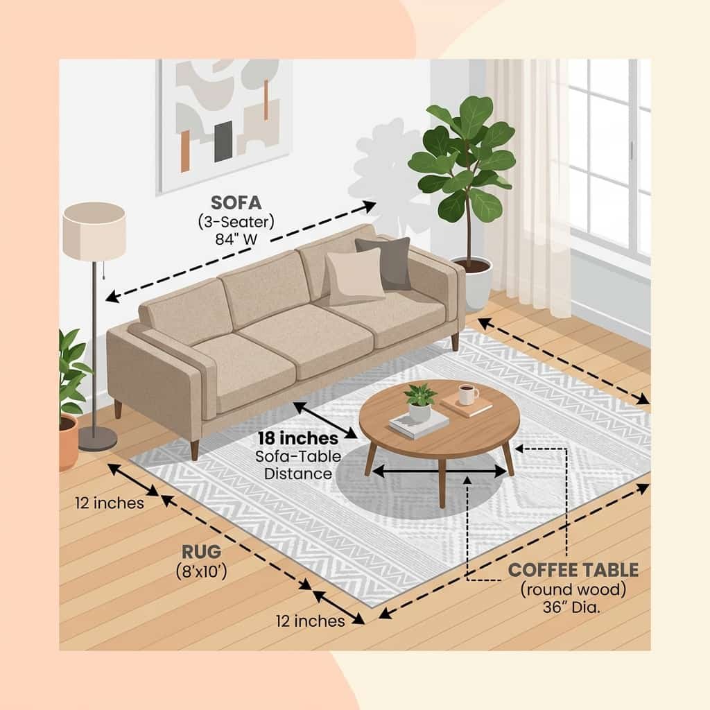 Diagram showing correct furniture scale and proportion in a living room with sofa, rug, and coffee table