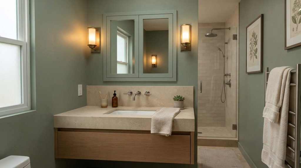 Compact bathroom with sage green walls and natural limestone vanity top.