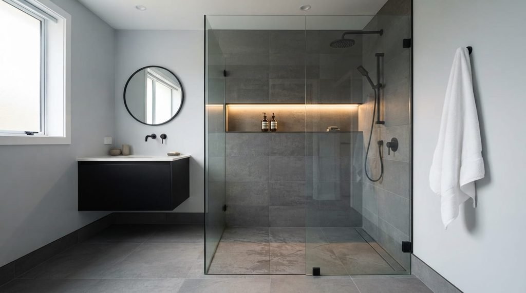 Curbless walk-in shower with grey porcelain tile and matte black hardware.