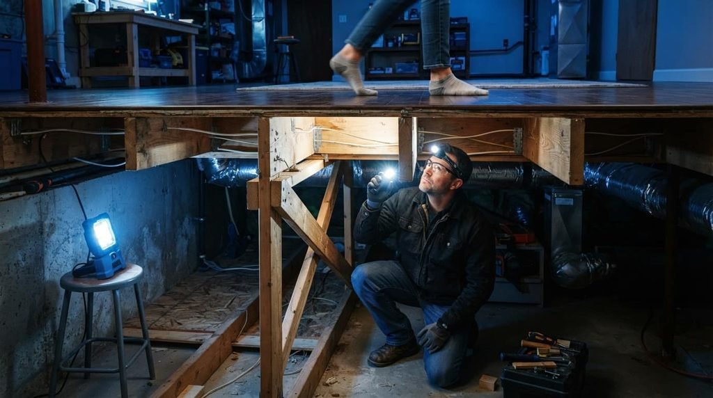 Inspecting floor joists to locate a squeaky floor